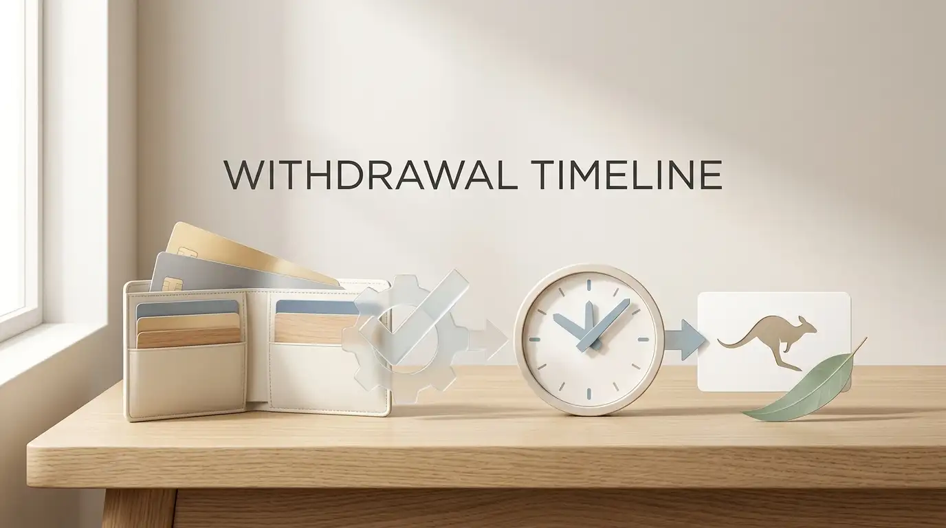 Editorial illustration of a digital withdrawal moving through verification steps